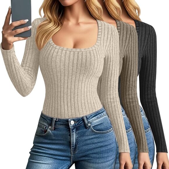 Tops - 3 Pack Women's Long Sleeve Tops Ribbed Knit Scoop Neck Slim Fit Casual